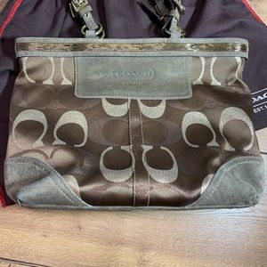 Coach Signature Brown Suede Canvas Beaded Tote